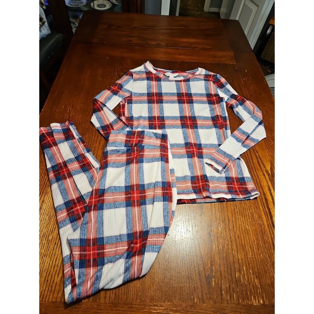 Laura Ashley Pajama Set Womens Medium Top XL Pants Red Plaid LongSleeve (A643